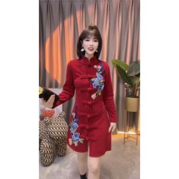 旗袍2023年秋冬款中國風唐裝雪尼爾條絨時尚改良新中式盤扣上衣女