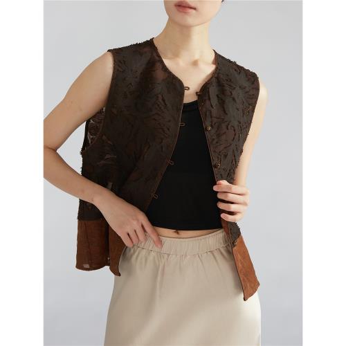 一絲牽  高檔立體感剪花香云紗馬甲100桑蠶絲拼接開衫馬夾上衣秋