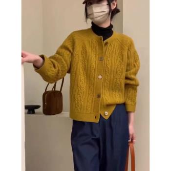 圓領扭花純山羊絨毛衣外套開衫