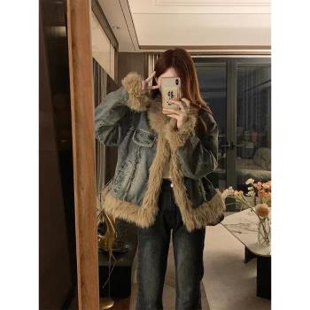 復古漸變牛仔羊羔毛外套女冬2024新款寬松加厚毛毛領棉衣棉服爆款