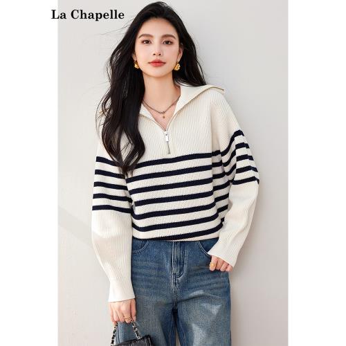 拉夏貝爾/La Chapelle春季新款時尚翻領條紋撞色拉鏈針織衫上衣女