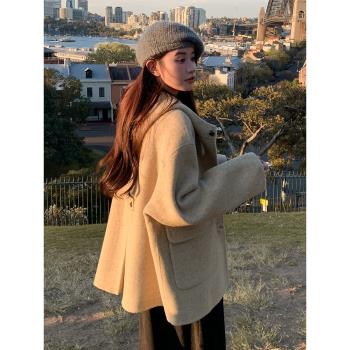 慵懶風連帽雙面羊絨大衣女2024冬新款韓系寬松休閑小個子毛呢外套