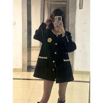 秋冬新款楊小卷羽絨內膽千金小香風女金絲羊毛編織中長款羽絨外套