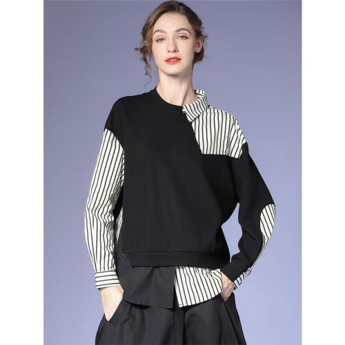 咫尺2025秋裝新款寬松長袖條紋拼色襯衫女裝棉布拼接街頭女上衣潮