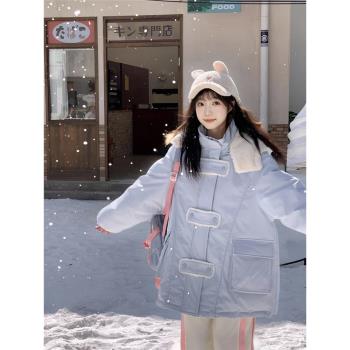 學院風藍色連帽棉衣棉服女秋冬2024新款甜美減齡寬松加厚保暖外套