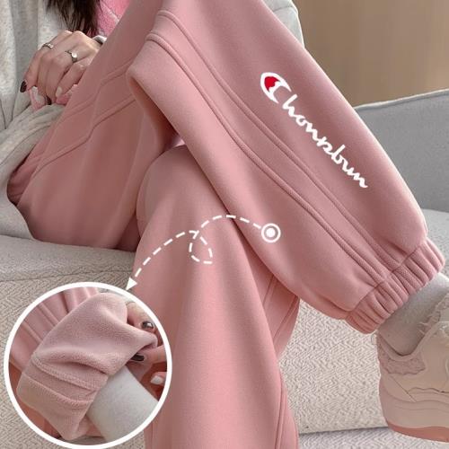 冠軍彩虹粉色加絨衛褲女束腳秋冬外穿棉褲休閑防風褲搖粒絨運動褲