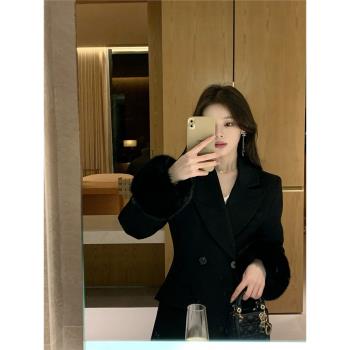 黑色修身毛呢西裝外套女2024秋冬款仿狐貍毛加厚夾棉羊毛呢子大衣