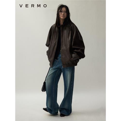 VERMO 復古水洗做舊 男女同款 立領寬松飛行員皮夾克外套