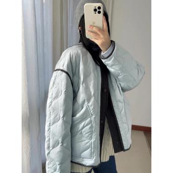 藍色羽絨棉服外套女秋冬新款拼接撞色菱格棒球服輕薄夾棉保暖棉衣