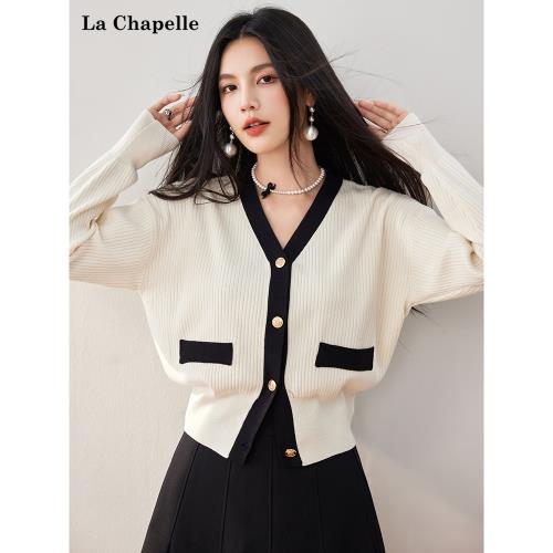 拉夏貝爾/La Chapelle秋季新款休閑百搭風針織衫拼色條紋溫柔上衣