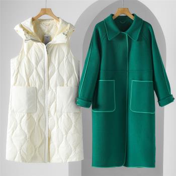 免搭配時尚精套裝【憶】冬裝 連帽羽絨服+100羊毛雙面呢大衣005