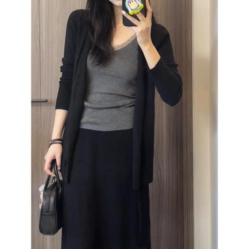 顯瘦輕熟小個子氣質修身慵懶風黑色針織一整套早秋穿搭大碼三件套