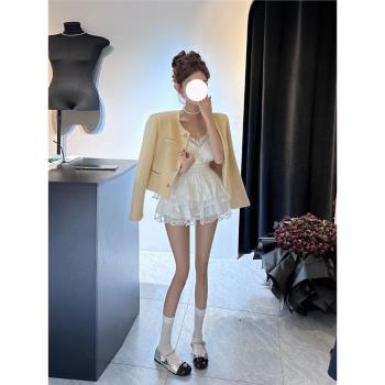 小香風短款外套女高級感黃色上衣內搭吊帶白色蕾絲拼接半身裙套裝