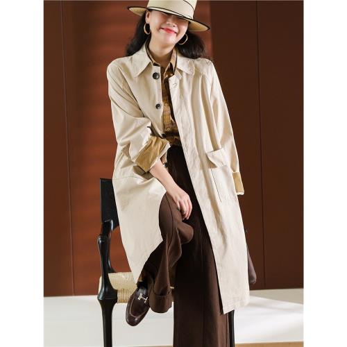 小耳出品【優雅復古】篙支紙感全棉磨絨感翻領風衣中長款單排扣女