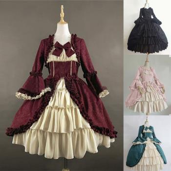 歐美中世紀復古哥特宮廷連衣裙方領收腰拼接蝴蝶結禮服裙女dress