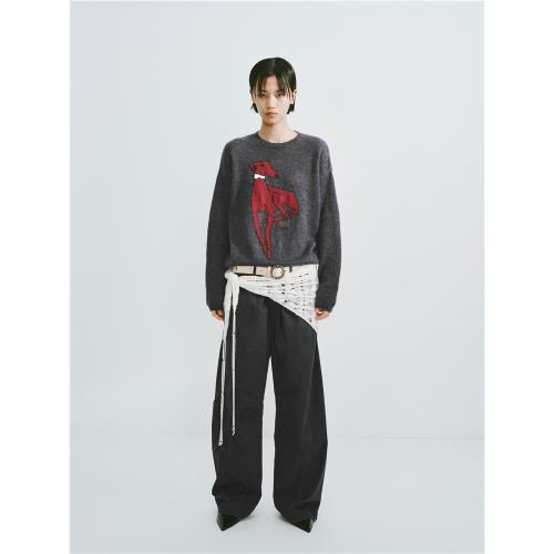 introutro紅色小狗馬海毛復古套頭衫百搭簡約寬松長袖針織上衣女