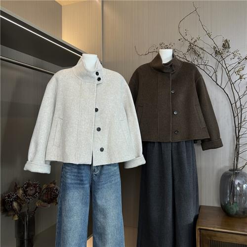 韓系雙面羊毛短款大衣女2024冬季新款高級感立領小個子羊絨呢外套