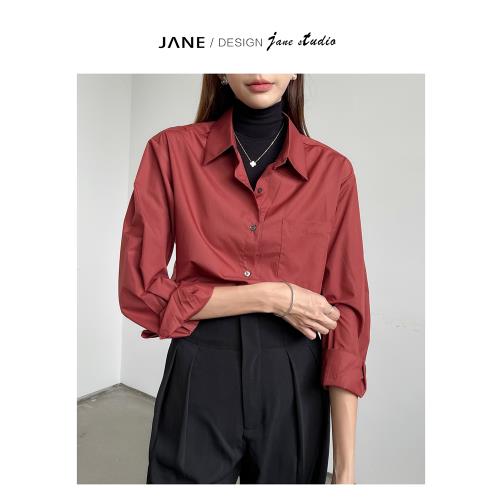 JANE實穿高級胭脂紅寬松顯白襯衫女疊穿長袖oversize抗皺襯衣內搭
