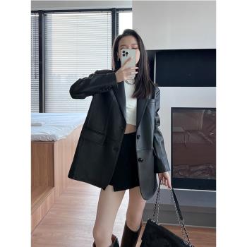歐版寬松真皮皮衣時尚西裝外套