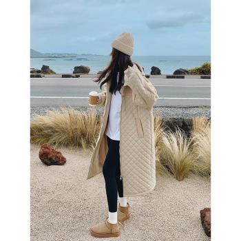 菱形格拼接連帽羽絨棉服女冬季2024新款小眾設計感中長款棉衣外套
