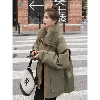高階感超好看軍綠色派克羽絨棉服女冬2025新款加絨棉襖厚外套爆款
