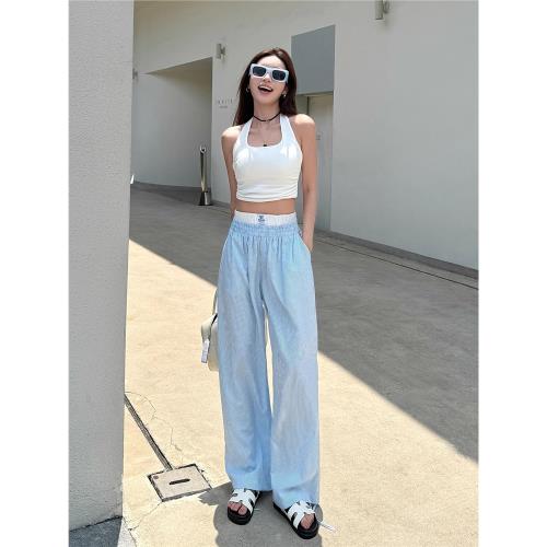 淺布調高個子加長褲高腰休閑直筒褲夏薄款寬松垂感藍白條紋闊腿褲