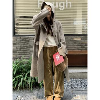 灰色雙面羊毛大衣女冬2024新款寬松休閑氣質中長款連帽羊毛呢外套