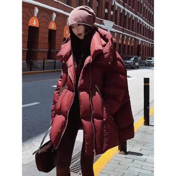 高階感紅色寬松連帽中長款羽絨服