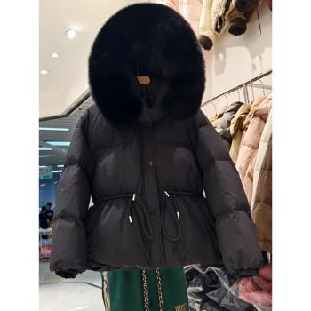 真毛領特厚收腰短款抽繩羽絨服