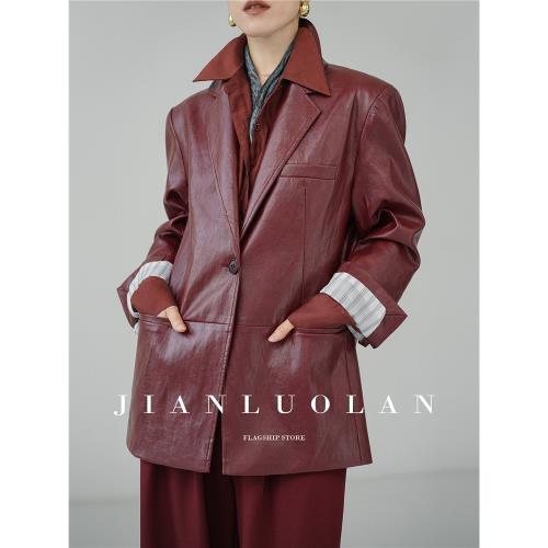 簡羅蘭｜安哥拉紅復古時髦皮衣中長款翻領皮夾克高級感西裝外套女