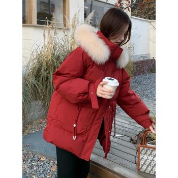紅色高階感寬松連帽短款羽絨服