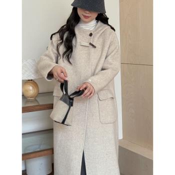 2024新款韓系連帽雙面羊絨大衣女寬松中長款羊毛呢外套高階感秋冬