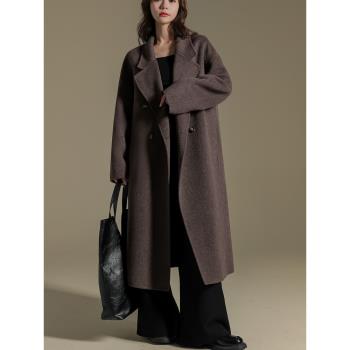 咖色手工雙面羊絨大衣女2024秋冬新款寬松韓版中長款羊毛呢子外套