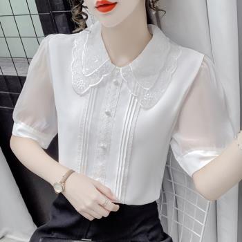 雪紡衫女短袖2025新款夏季韓版寬松洋氣小衫白色蕾絲娃娃領上衣女