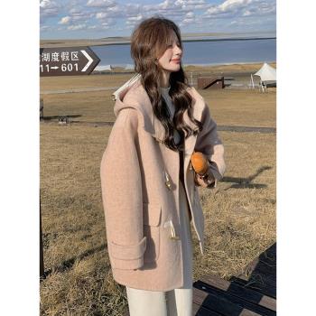粉色連帽雙面羊絨大衣女2024冬新款韓系學院風牛角扣加厚毛呢外套