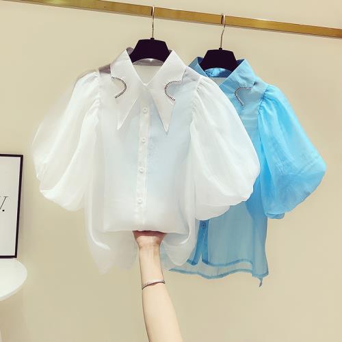 法式宮廷風鑲鉆設計感小眾泡泡袖襯衫女又甜又辣上衣別致藍色襯衣