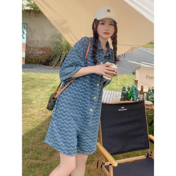 牛仔連體褲女小個子夏季2024年新款高階感寬松顯瘦連身衣短褲套裝