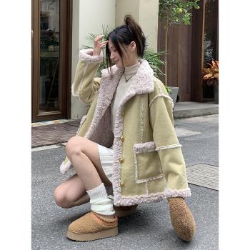 麂皮絨羊羔毛外套女韓版2024年冬季新款皮毛一體加厚保暖毛絨棉服