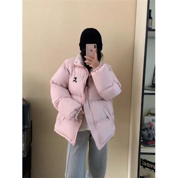 美式粉色立領棉服女冬季2024新款oversize保暖加厚麵包服棉衣外套