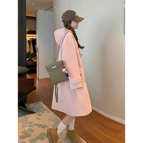 粉色牛角扣毛呢外套女2025冬季新款甜美溫柔中長款連帽加厚呢大衣