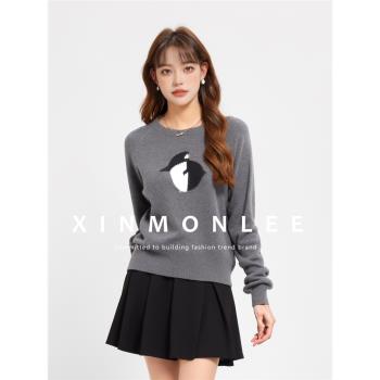 XinmonLee韓系減齡卡通企鵝印花圓領針織毛衣秋冬女洋氣百搭上衣