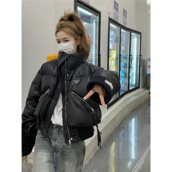 美式羽絨服女小個子2024冬季新款加厚短款黑色設計師皮衣羽絨外套