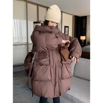 美拉德咖色羽絨服女2023新款冬季加厚中長款寬松韓版90白鴨絨外套