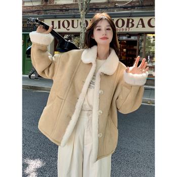 卡其色羊羔毛外套女2024新款秋冬韓系溫柔小個子加絨加厚皮毛一體