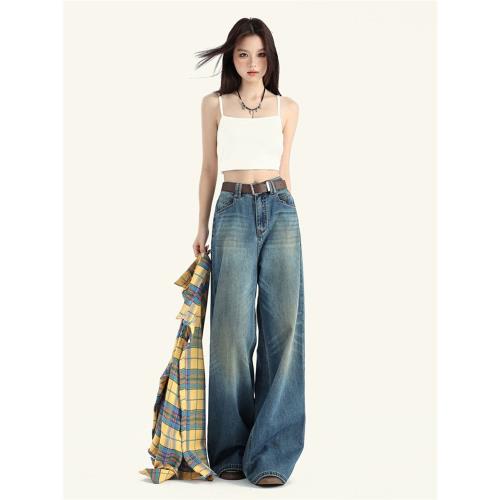 UNCOO 美式復古水洗牛仔褲女寬松慵懶顯瘦闊腿褲垂感不貼腿直筒褲