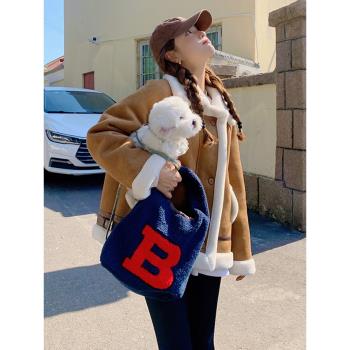 綠色皮毛一體羊羔毛外套女小個子2023冬季新款加厚麂皮絨短款棉服