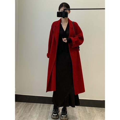 酒紅色結婚雙面羊絨大衣女2024新款小個子秋冬中長款羊毛毛呢外套