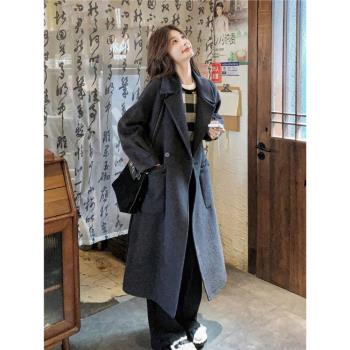 深灰色雙面羊絨大衣女2024冬季新款韓系氣質寬松過膝長款羊毛外套