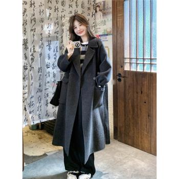 深灰色雙面羊絨大衣女2024冬季新款韓系氣質時尚加厚長款羊毛外套