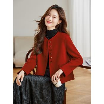 紅色毛呢外套女2024新款秋冬高階感超好看小個子短款雙面羊絨大衣